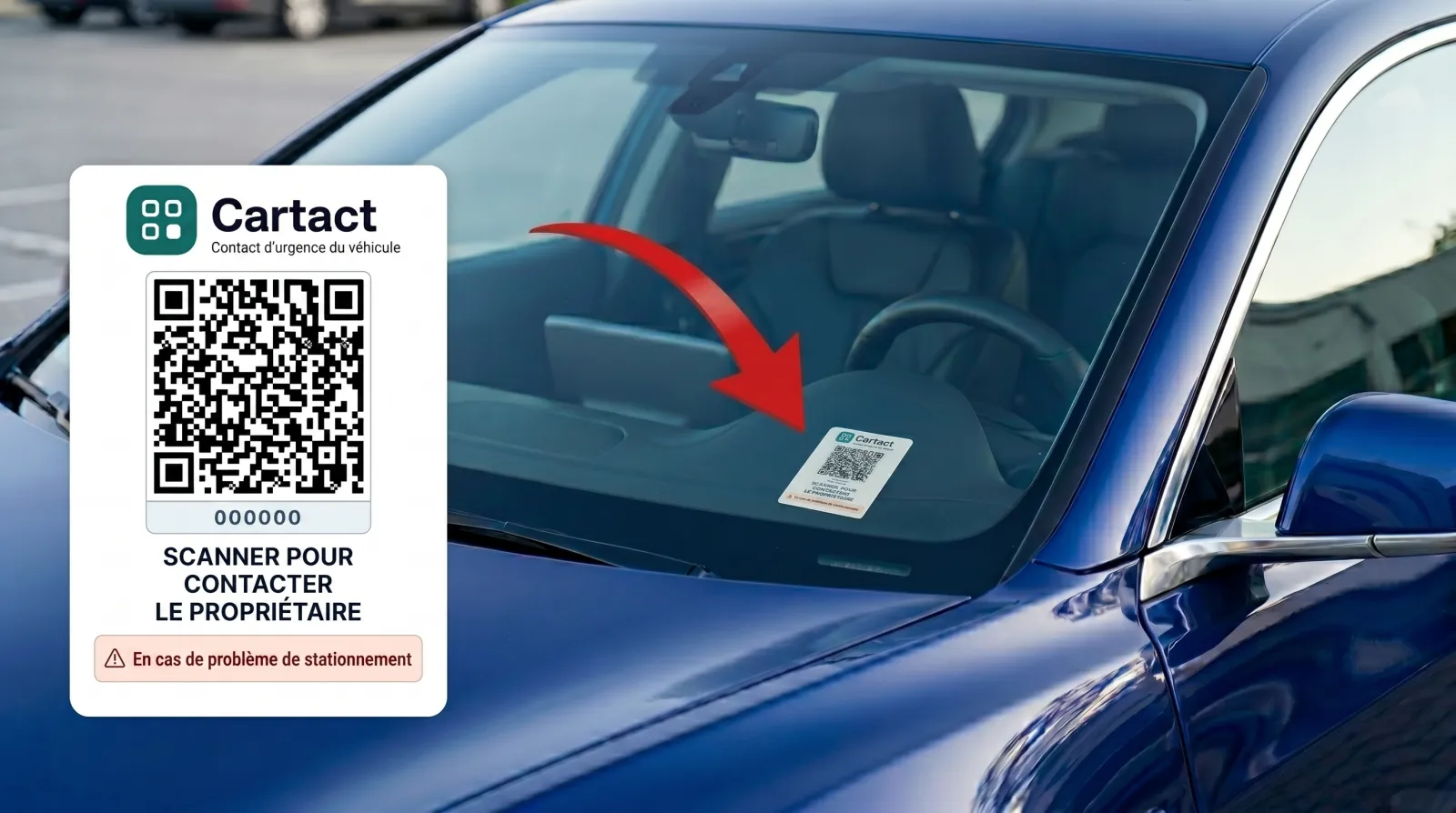 Sticker QR Cartact collé sur le pare-brise d'une voiture, vu côté conducteur
